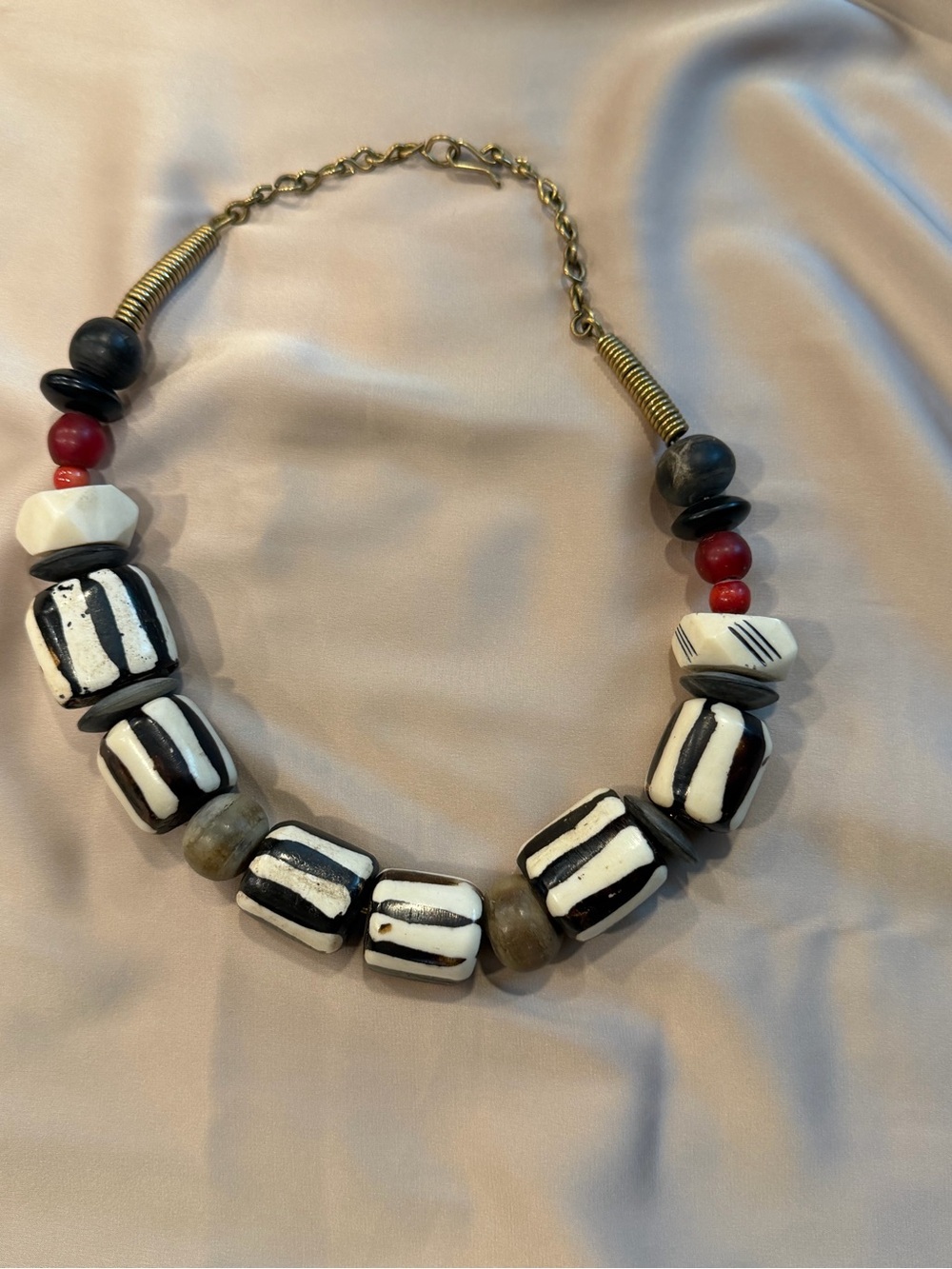 Vintage African Batik Bone Bead Statement Necklace Black White Red